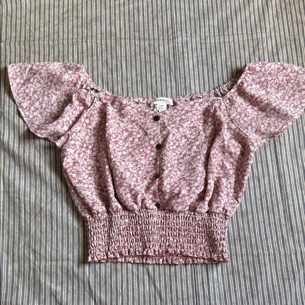 Monteau Cropped Pink Floral Blouse